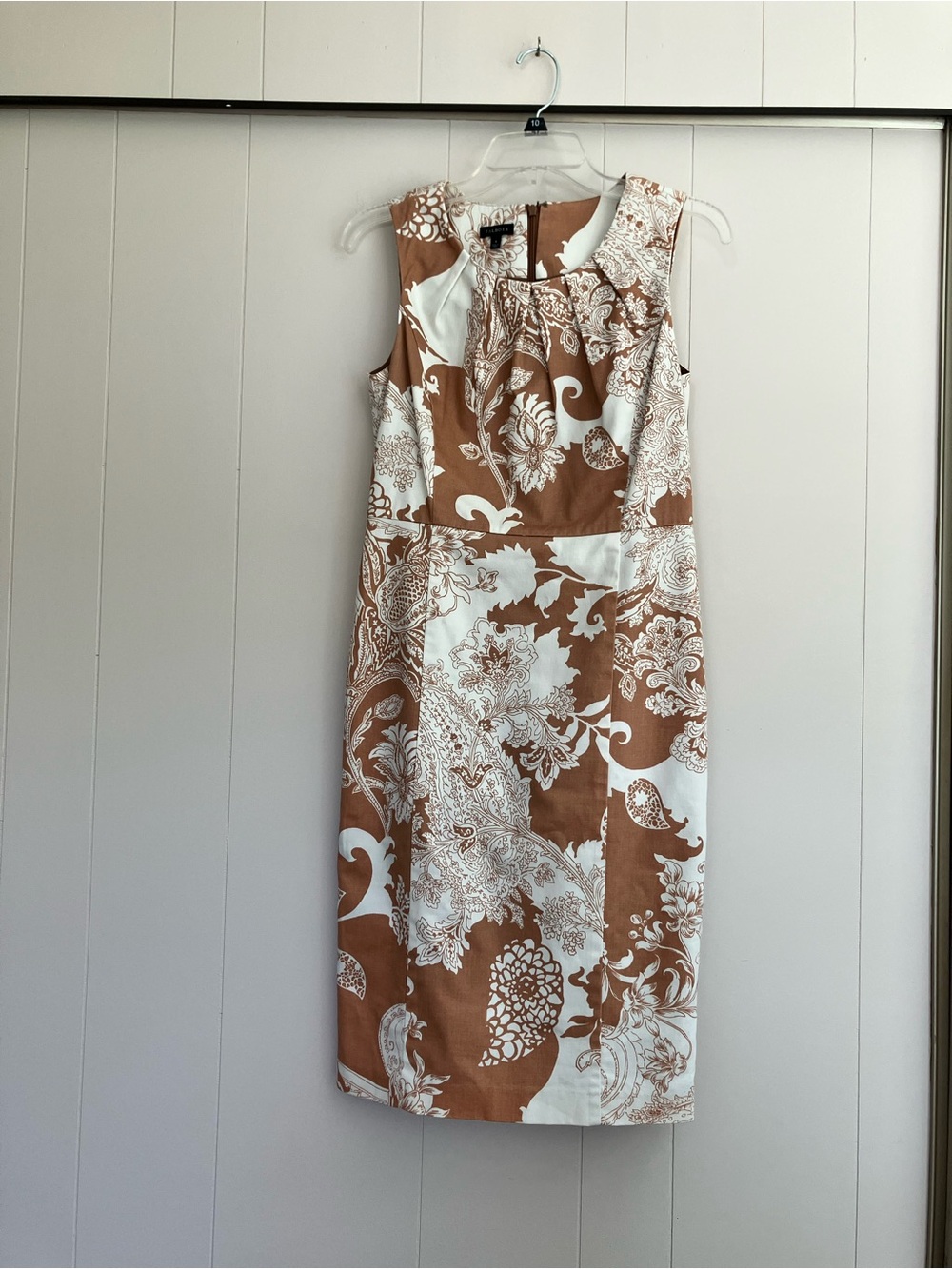 Talbots Tan and Cream Sleeveless Floral Sheath Dress Fully Lined